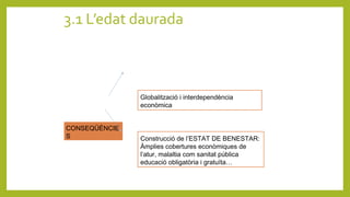 3.1 L’edat daurada
CONSEQÜÈNCIE
S
Globalització i interdependència
econòmica
Construcció de l’ESTAT DE BENESTAR:
Àmplies cobertures econòmiques de
l’atur, malaltia com sanitat pública
educació obligatòria i gratuïta…
 