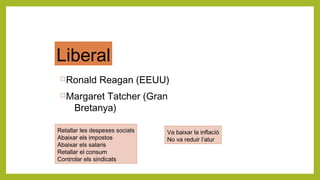 Ronald Reagan (EEUU)
Margaret Tatcher (Gran
Bretanya)
Liberal
Retallar les despeses socials
Abaixar els impostos
Abaixar els salaris
Retallar el consum
Controlar els sindicats
Va baixar la inflació
No va reduir l’atur
 