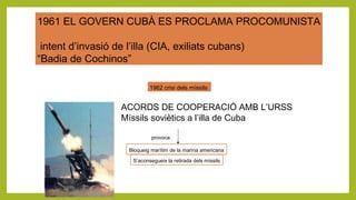 1961 EL GOVERN CUBÀ ES PROCLAMA PROCOMUNISTA
intent d’invasió de l’illa (CIA, exiliats cubans)
“Badia de Cochinos”
1962 crisi dels míssils
ACORDS DE COOPERACIÓ AMB L’URSS
Míssils soviètics a l’illa de Cuba
provoca
Bloqueig marítim de la marina americana
S’aconsegueix la retirada dels míssils
 