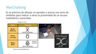 WarChalking
Es la práctica de dibujar en paredes o aceras una serie de
símbolos para indicar a otros la proximidad de un acceso
inalámbrico vulnerable.
 