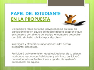 PAPEL DEL ESTUDIANTE
EN LA PROPUESTA
El estudiante tanto de forma individual como en su rol de
participante de un equipo de trabajo deberá aceptar lo que
en consenso con el resto del equipo le toca para desarrollar
con éxito el diseño solicitado por el profesor.
Investigará y ofrecerá sus aportaciones a los demás
integrantes del equipo.
Participará activamente en las actualizaciones de su estado,
mostrando sus avances individuales y asimismo, participará
comentando las actualizaciones y aportes de los demás
compañeros de equipo.
 