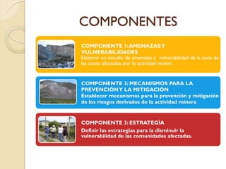 COMPONENTES
COMPONENTE 1: AMENAZAS Y
VULNERABILIDADES
Elaborar un estudio de amenazas y vulnerabilidad de la zona de
las zonas afectadas por la actividad minera


COMPONENTE 2: MECANISMOS PARA LA
PREVENCIÓN Y LA MITIGACIÓN
Establecer mecanismos para la prevención y mitigación
de los riesgos derivados de la actividad minera


COMPONENTE 3: ESTRATEGÍA
Definir las estrategias para la disminuir la
vulnerabilidad de las comunidades afectadas.
 