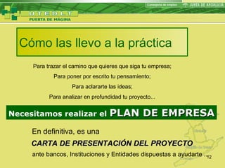 Cómo las llevo a la práctica Para trazar el camino que quieres que siga tu empresa; Para poner por escrito tu pensamiento; Para aclararte las ideas; Para analizar en profundidad tu proyecto... Necesitamos realizar el   PLAN DE EMPRESA En definitiva, es una CARTA DE PRESENTACIÓN DEL PROYECTO ante bancos, Instituciones y Entidades dispuestas a ayudarte ... 