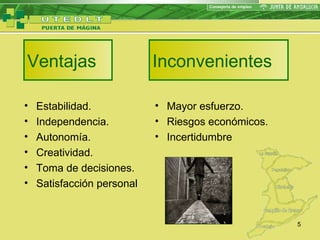 Ventajas Inconvenientes Estabilidad. Independencia. Autonomía. Creatividad. Toma de decisiones. Satisfacción personal Mayor esfuerzo. Riesgos económicos. Incertidumbre 