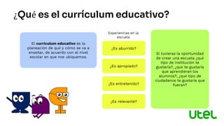 ¿Qué es el currículum educativo?
El currículum educativo es la
planeación de qué y cómo se va a
enseñar, de acuerdo con el nivel
escolar en que nos ubiquemos.
¿Es aburrido?
¿Es apropiado?
¿Es entretenido?
¿Es relevante?
Experiencias en la
escuela
Si tuvieras la oportunidad
de crear una escuela ¿qué
tipo de institución te
gustaría?, ¿qué te gustaría
que aprendieran los
alumnos?, ¿qué tipo de
ciudadanos te gustaría que
fueran?
 