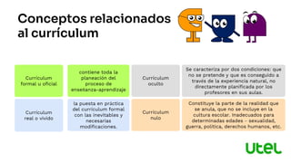 Conceptos relacionados
al currículum
Currículum
formal u oficial
Currículum
real o vivido
Currículum
oculto
contiene toda la
planeación del
proceso de
enseñanza-aprendizaje
la puesta en práctica
del currículum formal
con las inevitables y
necesarias
modificaciones.
Se caracteriza por dos condiciones: que
no se pretende y que es conseguido a
través de la experiencia natural, no
directamente planificada por los
profesores en sus aulas.
Currículum
nulo
Constituye la parte de la realidad que
se anula, que no se incluye en la
cultura escolar. Inadecuados para
determinadas edades – sexualidad,
guerra, política, derechos humanos, etc.
 
