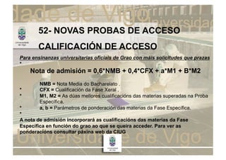 52- NOVAS PROBAS DE ACCESO
       CALIFICACIÓN DE ACCESO
Para ensinanzas universitarias oficiais de Grao con máis solicitudes que prazas
*
    Nota de admisión = 0,6*NMB + 0,4*CFX + a*M1 + B*M2
        NMB = Nota Media do Bacharelato .
*       CFX = Cualificación da Fase Xeral .
*       M1, M2 = As dúas mellores cualificacións das materias superadas na Proba
        Específica.
*       a, b = Parámetros de ponderación das materias da Fase Específica.
*
A nota de admisión incorporará as cualificacións das materias da Fase
Específica en función do grao ao que se queira acceder. Para ver as
ponderacións consultar páxina web da CIUG
 
