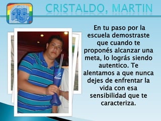 En tu paso por la
 escuela demostraste
    que cuando te
proponés alcanzar una
meta, lo lográs siendo
     autentico. Te
alentamos a que nunca
 dejes de enfrentar la
     vida con esa
  sensibilidad que te
      caracteriza.
 