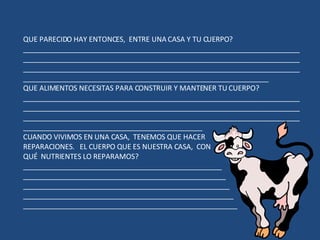 QUE PARECIDO HAY ENTONCES,  ENTRE UNA CASA Y TU CUERPO? ____________________________________________________________________________________________________________________________________________________________________________________________________________________________________________________________________________________ QUE ALIMENTOS NECESITAS PARA CONSTRUIR Y MANTENER TU CUERPO? ___________________________________________________________________________________________________________________________________________________________________________________________________________________________________________________________________ CUANDO VIVIMOS EN UNA CASA,  TENEMOS QUE HACER REPARACIONES.  EL CUERPO QUE ES NUESTRA CASA,  CON QUÉ  NUTRIENTES LO REPARAMOS? ___________________________________________________ ____________________________________________________ _____________________________________________________ ______________________________________________________ _______________________________________________________ 