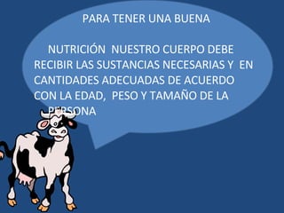 PARA TENER UNA BUENA  NUTRICIÓN  NUESTRO CUERPO DEBE RECIBIR LAS SUSTANCIAS NECESARIAS Y  EN CANTIDADES ADECUADAS DE ACUERDO CON LA EDAD,  PESO Y TAMAÑO DE LA  PERSONA 