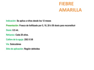 FIEBRE
                                                           AMARILLA
Indicación: Se aplica a niños desde los 12 meses

Presentación: Frasco de liofilizado por 5, 10, 20 ó 50 dosis para reconstituir

Dosis: 0.5 ml.

Refuerzo: Cada 20 años.

Calibre de la aguja: 25G X 5/8

Vía: Subcutánea

Sitio de aplicación: Región deltoidea
 