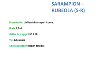 SARAMPION –
                                           RUBEOLA (S-R)

Presentación: Liofilizada Frasco por 10 dosis.

Dosis: 0,5 ml.

Calibre de la aguja: 25G X 5/8

Vía: Subcutánea

Sitio de aplicación: Región deltoidea
 