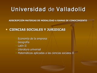 Universidad  de  Valladolid ADSCRIPCIÓN MATERIAS DE MODALIDAD A RAMAS DE CONOCIMIENTO   CIENCIAS SOCIALES Y JURIDICAS Economía de la empresa Geografía Latín II Literatura universal Matemáticas aplicadas a las ciencias sociales II 