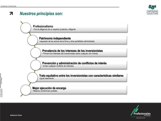 Carteras Colectivas



                      Nuestros principios son:

                             Profesionalismo
                             • Con la diligencia de un experto prudente y diligente



                                     Patrimonio independiente
                                     • separado de los activos de la firma y otros portafolios administrado.



                                         Prevalencia de los intereses de los inversionistas
                                         • Primero los intereses del inversionistas sobre cualquier otro interés.



                                         Prevención y administración de conflictos de interés
                                         • Evitar cualquier conflicto de intereses.



                                     Trato equitativo entre los inversionistas con características similares
                                     • Igual tratamiento.



                             Mejor ejecución de encargo
                             • Mejores condiciones posibles
 