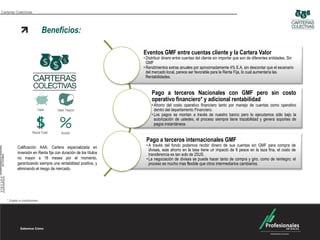 Carteras Colectivas




                            Beneficios:

                                                                Eventos GMF entre cuentas cliente y la Cartera Valor
                                                                • Distribuir dinero entre cuentas del cliente sin importar que son de diferentes entidades. Sin
                                                                  GMF
                                                                • Rendimientos extras anuales por aproximadamente 4% E.A, sin descontar que el escenario
                                                                  del mercado local, parece ser favorable para la Renta Fija, lo cual aumentaría las
                                                                  Rentabilidades.


                                                                     Pago a terceros Nacionales con GMF pero sin costo
                                                                     operativo financiero* y adicional rentabilidad
                                                                     • Ahorro del costo operativo financiero tanto por manejo de cuentas como operativo
                         Valor      Valor Tesoro                       dentro del departamento Financiero.
                                                                     • Los pagos se montan a través de nuestro banco pero lo ejecutamos sólo bajo la
                                                                       autorización de ustedes, el proceso siempre tiene trazabilidad y genera soportes de
                                                                       pagos instantáneos.
                      Renta Total     Acción

                                                                 Pago a terceros internacionales GMF
          Calificación AAA. Cartera especializada en             • A través del fondo podemos recibir dinero de sus cuentas sin GMF para compra de
                                                                   divisas, este ahorro en la tasa tiene un impacto de 8 pesos en la taza fina, el costo de
          inversión en Renta fija con duración de los títulos      transferencia es tan solo de 25US.
          no mayor a 18 meses por el momento,                    • La negociación de divisas se puede hacer tanto de compra y giro, como de reintegro; el
          garantizando siempre una rentabilidad positiva, y        proceso es mucho mas flexible que otros intermediarios cambiarios.
          eliminando el riesgo de mercado.




   * Sujeto a condiciones
 