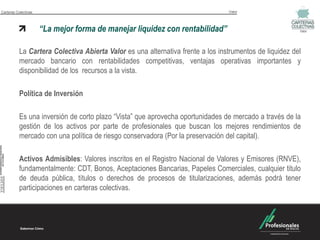 Carteras Colectivas                                                              Valor




                      “La mejor forma de manejar liquidez con rentabilidad”                              Valor




           La Cartera Colectiva Abierta Valor es una alternativa frente a los instrumentos de liquidez del
           mercado bancario con rentabilidades competitivas, ventajas operativas importantes y
           disponibilidad de los recursos a la vista.

           Política de Inversión

           Es una inversión de corto plazo “Vista” que aprovecha oportunidades de mercado a través de la
           gestión de los activos por parte de profesionales que buscan los mejores rendimientos de
           mercado con una política de riesgo conservadora (Por la preservación del capital).

           Activos Admisibles: Valores inscritos en el Registro Nacional de Valores y Emisores (RNVE),
           fundamentalmente: CDT, Bonos, Aceptaciones Bancarias, Papeles Comerciales, cualquier titulo
           de deuda pública, títulos o derechos de procesos de titularizaciones, además podrá tener
           participaciones en carteras colectivas.
 