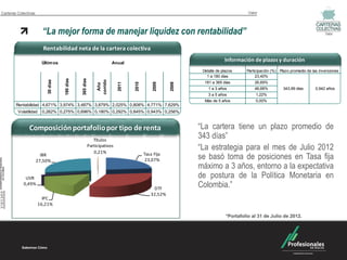 01-sep-11
                                                           01-nov-10




                                                                                                           01-feb-12
                              01-ene-10




                                                                             01-abr-11
                                               01-jun-10
                  01-ago-09




                                                                                                                                                                 1-nov-10
                                                                                                                                               1-ene-10
                                                                                                                                    1-ago-09
Carteras Colectivas                                                                                                                                                                                                 Valor




                              “La mejor forma de manejar liquidez con rentabilidad”                                                                                                                                                                           Valor


                               Rentabilidad neta de la cartera colectiva

                              Últim os                                                                                           Anual
                                                                                                                                                                                                         Información de plazos y duración
                                                                                                                                                                                             Detalle de plazos     Participación (%) Plazo promedio de las inversiones
                                                                                                                                                                                               1 a 180 días             23,40%
                                                                       180 días


                                                                                                     365 días
                                          30 días




                                                                                                                       corrido
                                                                                                                                                                                              181 a 365 días           26,69%




                                                                                                                                   2011


                                                                                                                                                          2010


                                                                                                                                                                            2009


                                                                                                                                                                                     2008
                                                                                                                        Año
                                                                                                                                                                                                1 a 3 años             48,68%          343,99 días       0,942 años
                                                                                                                                                                                                3 a 5 años              1,22%
                                                                                                                                                                                              Más de 5 años             0,00%
        Rentabilidad 4,671% 3,974% 3,487% 3,879% 2,025% 0,808% 4,771% 7,629%
         Volatilidad          0,262% 0,275% 0,696% 0,180% 0,292% 0,845% 0,943% 0,256%


               Composición portafolio por tipo de renta                                                                                                                                     “La cartera tiene un plazo promedio de
                                                                                                                   Títulos
                                                                                                                                                                                            343 días”
                                                                                                                Participativos
                                                                                                                   0,21%
                                                                                                                                                                                            “La estrategia para el mes de Julio 2012
                        IBR
                      27,50%
                                                                                                                                                                 Tasa Fija
                                                                                                                                                                  23,07%                    se basó toma de posiciones en Tasa fija
                                                                                                                                                                                            máximo a 3 años, entorno a la expectativa
             UVR                                                                                                                                                                            de postura de la Política Monetaria en
            0,49%
                                                                                                                                                                             DTF
                                                                                                                                                                                            Colombia.”
                                                                                                                                                                            32,52%
                           IPC
                         16,21%

                                                                                                                                                                                                          *Portafolio al 31 de Julio de 2012.
 