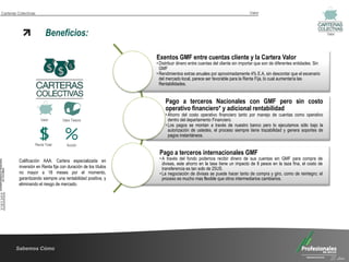 Carteras Colectivas                                                                                                  Valor




                            Beneficios:                                                                                                                          Valor




                                                               Exentos GMF entre cuentas cliente y la Cartera Valor
                                                               • Distribuir dinero entre cuentas del cliente sin importar que son de diferentes entidades. Sin
                                                                 GMF
                                                               • Rendimientos extras anuales por aproximadamente 4% E.A, sin descontar que el escenario
                                                                 del mercado local, parece ser favorable para la Renta Fija, lo cual aumentaría las
                                                                 Rentabilidades.


                                                                    Pago a terceros Nacionales con GMF pero sin costo
                                                                    operativo financiero* y adicional rentabilidad
                                                                    • Ahorro del costo operativo financiero tanto por manejo de cuentas como operativo
                         Valor      Valor Tesoro                      dentro del departamento Financiero.
                                                                    • Los pagos se montan a través de nuestro banco pero lo ejecutamos sólo bajo la
                                                                      autorización de ustedes, el proceso siempre tiene trazabilidad y genera soportes de
                                                                      pagos instantáneos.
                      Renta Total     Acción

                                                                Pago a terceros internacionales GMF
         Calificación AAA. Cartera especializada en             • A través del fondo podemos recibir dinero de sus cuentas sin GMF para compra de
                                                                  divisas, este ahorro en la tasa tiene un impacto de 8 pesos en la taza fina, el costo de
         inversión en Renta fija con duración de los títulos      transferencia es tan solo de 25US.
         no mayor a 18 meses por el momento,                    • La negociación de divisas se puede hacer tanto de compra y giro, como de reintegro; el
         garantizando siempre una rentabilidad positiva, y        proceso es mucho mas flexible que otros intermediarios cambiarios.
         eliminando el riesgo de mercado.




        Sabemos Cómo
                                                                                                                                                                   25 Años
 