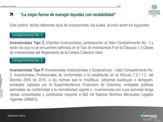 Carteras Colectivas                                                                 Valor




                      “La mejor forma de manejar liquidez con rentabilidad”                                    Valor




          Esta cartera tendrá diferentes tipos de inversionistas, los cuales al inicio serán los siguientes:

              Compartimento No. 1

          Inversionistas Tipo C (Clientes Inversionistas) pertenecerán al Valor Compartimento No. 1 y
          serán los que no se encuentren definidos en el Tipo de Inversionista P en la Cláusula 1.3 Clases
          de inversionistas del Reglamento de la Cartera Colectiva Valor.
              Compartimento No. 2

          Inversionistas Tipo P (Inversionistas Institucionales y Corporativos) – Valor Compartimento No.
          2: Inversionistas Profesionales de conformidad a lo establecido en el Artículo 7.2.1.1.2. del
          Decreto 2555 de 2010, o las normas que lo modifique, adiciones sustituyan o deroguen,
          entidades vigiladas por la Superintendencia Financiera de Colombia, entidades públicas
          admisibles de conformidad a la normatividad vigente e Inversionistas por cuya actividad tenga
          ventas consolidadas y certificadas mayores a 882 mil Salarios Mínimos Mensuales Legales
          Vigentes (SMMLV).


        Sabemos Cómo
                                                                                                                 25 Años
 