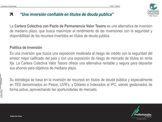 Carteras Colectivas                                                         Valor Tesoro




                      “Una inversión confiable en títulos de deuda publica”                           Valor Tesoro




          La Cartera Colectiva con Pacto de Permanencia Valor Tesoro es una alternativa de inversión
          de mediano plazo, que busca maximizar el rendimiento de las inversiones con la seguridad y
          disponibilidad de los recursos invertidos en títulos de deuda publica.

          Política de Inversión
          Es una inversión que busca una exposición moderada al riesgo de crédito con la seguridad del
          emisor mejor calificado del país y con una exposición de riesgo de mercado de títulos en renta
          fija. La Cartera Colectiva Valor Tesoro ofrece una alternativa rentable y segura para depositar
          sus ahorros para objetivos de mediano plazo.

          Su estrategia se basa en la inversión de recursos en títulos de deuda pública y especialmente
          en TES denominados en Pesos, UVR’s, y Dólares e Indexados al IPC, siendo gestionados de
          forma activa, aprovechando las oportunidades de mercado.
 