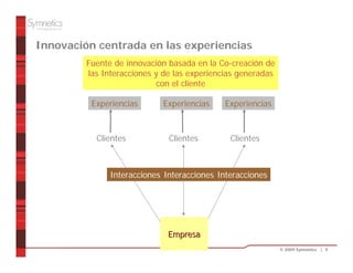 Innovación centrada en las experiencias
         Fuente de innovación basada en la Co-creación de
         las Interacciones y de las experiencias generadas
                            con el cliente

          Experiencias      Experiencias     Experiencias



           Clientes           Clientes        Clientes



               Interacciones Interacciones Interacciones




                              Empresa
                                                             © 2009 Symnetics | 9
 