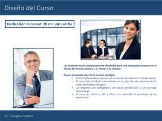 Diseño	
  del	
  Curso	
  

   Dedicación	
  Personal:	
  20	
  minutos	
  al	
  día	
  




                                                    Las	
   lecciones	
   están	
   cuidadosamente	
   diseñadas	
   para	
   una	
   dedicación	
   personal	
   de	
   al	
  
                                                    menos	
  20	
  minutos	
  diarios,	
  o	
  2-­‐3	
  horas	
  a	
  la	
  semana.	
  	
  
                                                    	
  
                                                    Para	
  el	
  empleado	
  esto	
  Cene	
  muchas	
  ventajas:	
  	
  
                                                                     •  El	
  alumno/a	
  puede	
  progresar	
  con	
  un	
  Cempo	
  de	
  dedicación	
  diaria	
  realista.	
  	
  
                                                                     •  El	
   curso	
   está	
   diseñado	
   para	
   encajar	
   en	
   su	
   plan	
   de	
   vida	
   concertando	
   lo	
  
                                                                        mejor	
  del	
  Sistema	
  Vaughan	
  	
  
                                                                     •  Las	
   lecciones	
   son	
   compaCbles	
   con	
   clases	
   presenciales	
   o	
   una	
   jornada	
  
                                                                        laboral	
  larga	
  	
  
                                                                     •  El	
   curso	
   es	
   prácCco,	
   úCl	
   y	
   eﬁcaz	
   con	
   evitando	
   el	
   abandono	
   de	
   su	
  
                                                                        aprendizaje	
  
                                                    	
  	
  	
  	
  




19	
  	
  I	
  	
  Vaughan	
  Systems	
  
 