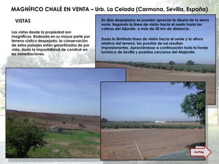 MAGNÍFICO CHALÉ EN VENTA – Urb. La Celada (Carmona, Sevilla, España) VISTAS Las vistas desde la propiedad son magníficas. Rodeada en su mayor parte por terreno rústico despejado, la conservación de estos paisajes están garantizados de por vida, dada la imposibilidad de construir en las inmediaciones. En días despejados se pueden apreciar la silueta de la sierra norte, llegando la línea de visión hacia el oeste hasta las colinas del Aljarafe, a más de 30 km de distancia. Dada la ilimitada línea de visión hacia el oeste y la altura relativa del terreno, las puestas de sol resultan impresionantes. Apreciándose a continuación toda la franja lumínica de Sevilla y pueblos cercanos del Alajarafe. AvPág 