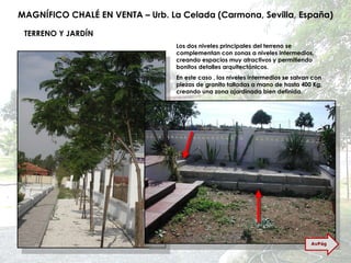 MAGNÍFICO CHALÉ EN VENTA – Urb. La Celada (Carmona, Sevilla, España) TERRENO Y JARDÍN Los dos niveles principales del terreno se complementan con zonas a niveles intermedios, creando espacios muy atractivos y permitiendo bonitos detalles arquitectónicos. En este caso , los niveles intermedios se salvan con piezas de granito talladas a mano de hasta 400 Kg, creando una zona ajardinada bien definida. AvPág 