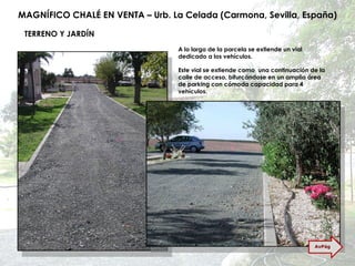 MAGNÍFICO CHALÉ EN VENTA – Urb. La Celada (Carmona, Sevilla, España) TERRENO Y JARDÍN A lo largo de la parcela se extiende un vial dedicado a los vehículos.  Este vial se extiende como  una continuación de la calle de acceso, bifurcándose en un amplia área de parking con cómoda capacidad para 4 vehículos. AvPág 