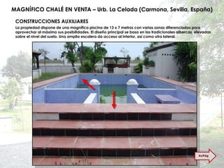 MAGNÍFICO CHALÉ EN VENTA – Urb. La Celada (Carmona, Sevilla, España) CONSTRUCCIONES AUXILIARES La propiedad dispone de una magnífica piscina de 13 x 7 metros con varias zonas diferenciadas para aprovechar al máximo sus posibilidades. El diseño principal se basa en las tradicionales albercas, elevadas sobre el nivel del suelo. Una amplia escalera da acceso al interior, así como otra lateral. AvPág 
