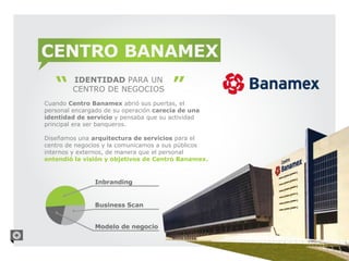 CENTRO BANAMEX
        IDENTIDAD PARA UN
        CENTRO DE NEGOCIOS
Cuando Centro Banamex abrió sus puertas, el
personal encargado de su operación carecía de una
identidad de servicio y pensaba que su actividad
principal era ser banqueros.

Diseñamos una arquitectura de servicios para el
centro de negocios y la comunicamos a sus públicos
internos y externos, de manera que el personal
entendió la visión y objetivos de Centro Banamex.
 