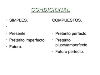 CONDICIONAL SIMPLES. Presente Pretérito imperfecto. Futuro. COMPUESTOS. Pretérito perfecto. Pretérito pluscuamperfecto. Futuro perfecto. 