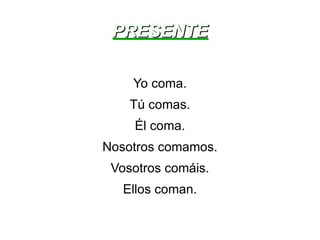 PRESENTE Yo coma. Tú comas. Él coma. Nosotros comamos. Vosotros comáis. Ellos coman. 