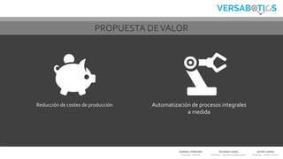 GABRIEL FERREIRO
Promotor - Gerente
RICARDO VEIRA
Promotor – Director de Operaciones
JAVIER LAMAS
Promotor – Asesor Técnico
Automatización de procesos integrales
a medida
PROPUESTA DEVALOR
Reducción de costes de producción
 