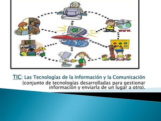 TIC: Las Tecnologías de la Información y la Comunicación

(conjunto de tecnologías desarrolladas para gestionar
información y enviarla de un lugar a otro).

 