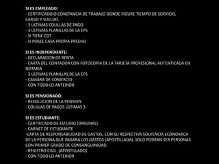 SI ES EMPLEADO:
- CERTIFICADO O CONSTANCIA DE TRABAJO DONDE FIGURE TIEMPO DE SERVICIO,
CARGO Y SUELDO.
- 3 ÚLTIMAS COLILLAS DE PAGO
- 3 ÚLTIMAS PLANILLAS DE LA EPS
- SI TIENE CDT
- SI POSEE CASA PROPIA PREDIAL

SI ES INDEPENDIENTE:
- DECLARACION DE RENTA
- CARTA DEL CONTADOR CON FOTOCOPIA DE LA TARJETA PROFESIONAL AUTENTICADA EN
NOTARIA
- 3 ÚLTIMAS PLANILLAS DE LA EPS
- CAMARA DE COMERCIO
- CON TODO LO ANTERIOR

SI ES PENSIONADO:
- RESOLUCION DE LA PENSION
- COLILLAS DE PAGOS ÚLTIMAS 3

SI ES ESTUDIANTE:
- CERTIFICADO DE ESTUDIO (ORIGINAL)
- CARNET DE ESTUDIANTE
-CARTA DE RESPONSABILIDAD DE GASTOS, CON SU RESPECTIVA SOLVENCIA ECONOMICA
DE LA PERSONA QUE PAGARA LOS GASTOS (APOSTILLADA), SOLO PODRAN SER PERSONAS
CON PRIMER GRADO DE CONSANGUINIDAD.
- REGISTRO CIVIL (APOSTILLADO)
- CON TODO LO ANTERIOR
 