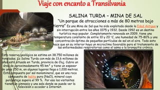 Viaje con encanto a Transilvania
SALINA TURDA – MINA DE SAL
“Un parque de atracciones a más de 80 metros bajo
tierra” Es una Mina de Sal que ha sido explotada desde la Edad Antigua y
sin interrupción entre los años 1075 y 1932. Desde 1992 es un destino
turístico muy popular. Completamente renovada en 2009, tiene una
temperatura constante de entre 10 y 20 °C, una humedad de 75-80% y una
concentración óptima de pequeñas partículas de sal en el aire. Todo esto
hace que en su interior haya un microclima favorable para el tratamiento de
las enfermedades respiratorias como el asma o la bronquitis crónica.
Esta reserva geológica se estima en 38.750 millones de
toneladas. La Salina Turda con más de 13,6 millones de
años está situada en Turda, provincia de Cluj. Cubre un
área de aproximadamente 45 km² y tiene un espesor
de unos 250 m, en algunos lugares llega a 1.200 metros.
Está compuesta por sal monomineral, que es una roca
compuesta de halita pura (NaCl), mineral cuyo
porcentaje supera el 99 %. Por eso los visitantes
tienen un gimnasio y una sala donde se puede ver la
televisión o acceder a Internet.
 