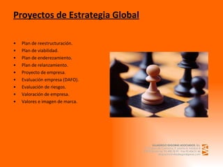 Proyectos de Estrategia Global Plan de reestructuración. Plan de viabilidad. Plan de enderezamiento. Plan de relanzamiento. Proyecto de empresa. Evaluación empresa (DAFO). Evaluación de riesgos. Valoración de empresa. Valores e imagen de marca.   