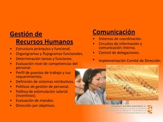 Gestión de Recursos Humanos    Estructura jerárquica y funcional. Organigramas y flujogramas funcionales. Determinación tareas y funciones. Evaluación nivel de competencias del personal. Perfil de puestos de trabajo y sus requerimientos. Definición de sistemas retributivos. Políticas de gestión de personal. Política de estimulación salarial (incentivos). Evaluación de mandos. Dirección por objetivos.    Comunicación Sistemas de coordinación. Circuitos de información y comunicación interna. Control de delegaciones. Implementación Comité de Dirección.   