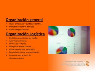 Organización general Flujos principales y puntos de control. Métodos de control de flujos. Análisis organizacional. Organización Logística Gestión económica de los stocks. Aprovisionamientos. Política de compras. Recepción de mercancías. Almacenamiento y expedición.   Procedimientos de mantenimiento. Implantación de áreas de almacenamiento.    