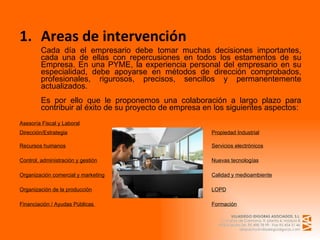 Areas de intervención Cada día el empresario debe tomar muchas decisiones importantes, cada una de ellas con repercusiones en todos los estamentos de su Empresa. En una PYME, la experiencia personal del empresario en su especialidad, debe apoyarse en métodos de dirección comprobados, profesionales, rigurosos, precisos, sencillos y permanentemente actualizados. Es por ello que le proponemos una colaboración a largo plazo para contribuir al éxito de su proyecto de empresa en los siguientes aspectos: Asesoría Fiscal y Laboral   Dirección/Estrategia   Propiedad Industrial Recursos humanos Servicios electrónicos Control, administración y gestión Nuevas tecnologías Organización comercial y marketing Calidad y medioambiente Organización de la producción LOPD Financiación / Ayudas Públicas  Formación 