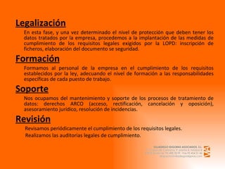 Legalización En esta fase, y una vez determinado el nivel de protección que deben tener los datos tratados por la empresa, procedemos a la implantación de las medidas de cumplimiento de los requisitos legales exigidos por la LOPD: inscripción de ficheros, elaboración del documento se seguridad.   Formación Formamos al personal de la empresa en el cumplimiento de los requisitos establecidos por la ley, adecuando el nivel de formación a las responsabilidades específicas de cada puesto de trabajo. Soporte Nos ocupamos del mantenimiento y soporte de los procesos de tratamiento de datos: derechos ARCO (acceso, rectificación, cancelación y oposición), asesoramiento jurídico, resolución de incidencias. Revisión   Revisamos periódicamente el cumplimiento de los requisitos legales.   Realizamos las auditorias legales de cumplimiento. 