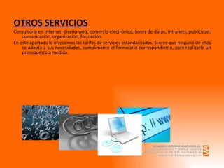 OTROS SERVICIOS Consultoría en Internet: diseño web, comercio electrónico, bases de datos, intranets, publicidad, comunicación, organización, formación.  En este apartado le ofrecemos las tarifas de servicios estandarizados. Si cree que ninguno de ellos se adapta a sus necesidades, cumplimente el formulario correspondiente, para realizarle un presupuesto a medida.   