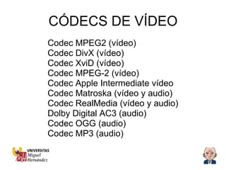 CÓDECS DE VÍDEO Codec MPEG2 (vídeo) Codec DivX (vídeo)  Codec XviD (vídeo)  Codec MPEG-2 (vídeo)  Codec Apple Intermediate vídeo Codec Matroska (vídeo y audio) Codec RealMedia (vídeo y audio) Dolby Digital AC3 (audio)  Codec OGG (audio)  Codec MP3 (audio)  