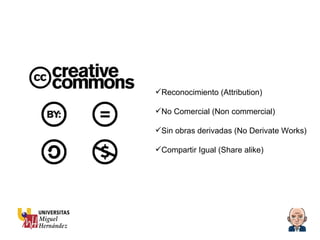 Reconocimiento (Attribution) No Comercial (Non commercial) Sin obras derivadas (No Derivate Works) Compartir Igual (Share alike) 