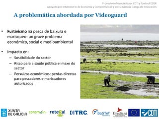 A problemática abordada por Videoguard
• Furtivismo na pesca de baixura e
marisqueo: un grave problema
económico, social e medioambiental
• Impacto en:
– Sostibilidade do sector
– Risco para a saúde pública e imaxe do
sector
– Perxuizos económicos: perdas directas
para pescadores e mariscadores
autorizados
 