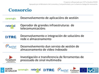 Consorcio
Desenvolvemento de aplicacións de xestión
Operador de grandes infraestruturas de
telecomunicacións
Desenvolvemento e integración de solucións de
rede e almacenamento
Desenvolvemento dun servizo de xestión de
almacenamento de vídeo indexado
Investigación e transferencia de ferramentas de
procesado de sinal multimedia
 