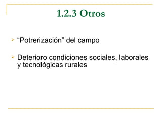 1.2.3 Otros

   “Potrerización” del campo

   Deterioro condiciones sociales, laborales
    y tecnológicas rurales
 