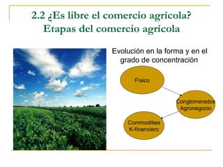 2.2 ¿Es libre el comercio agrícola?
   Etapas del comercio agrícola
                 Evolución en la forma y en el
                   grado de concentración

                       Físico


                                    Conglomerados
                                     Agronegocio

                     Commodities
                     K-financiero
 
