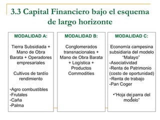 3.3 Capital Financiero bajo el esquema
          de largo horizonte
  MODALIDAD A:           MODALIDAD B:          MODALIDAD C:

 Tierra Subsidiada +     Conglomerados        Economía campesina
    Mano de Obra        transnacionales +    subsidiaria del modelo
Barata + Operadores    Mano de Obra Barata          “Malayo”
    empresariales          + Logística +     -Asociatividad
                            Productos        -Renta de Patrimonio
 Cultivos de tardío        Commodities       (costo de oportunidad)
   rendimiento                               -Renta de trabajo
                                             -Pan Coger
-Agro combustibles
-Frutales                                     •“Hoja de parra del
-Caña                                              modelo”
-Palma
 